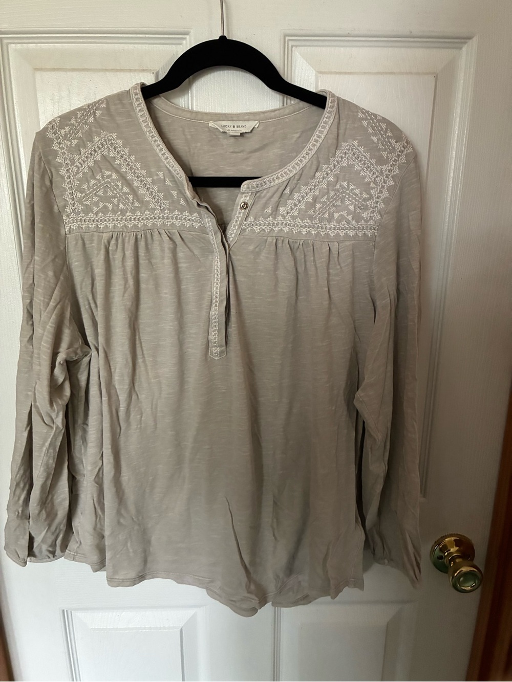 Lucky Brand Beige Embroidered Long Sleeve Henley Top